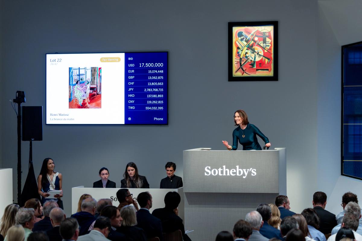 Sotheby's Helena Newman auctioneering the Modern Evening Auction on Tuesday. Courtesy Sotheby's 