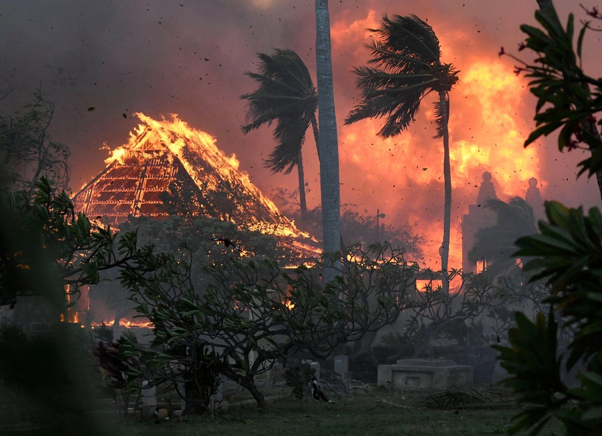 Fire engulfs Lahaina Hongwanji Mission and the hall of historic Waiola Church in Lahaina, Hawaii, on Tuesday 8 August
Photo: Associated Press / Alamy Stock Photo