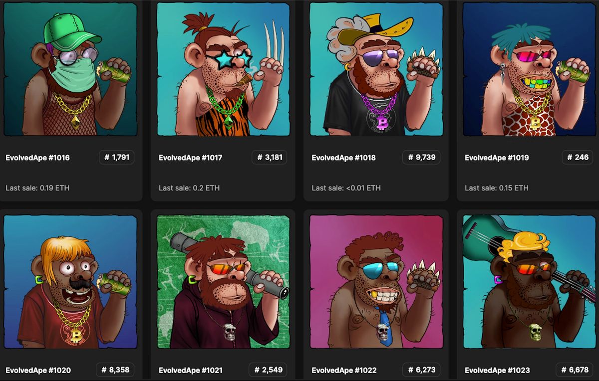 Tokens in the Evolved Apes NFT series listed on OpenSea Screenshot via OpenSea