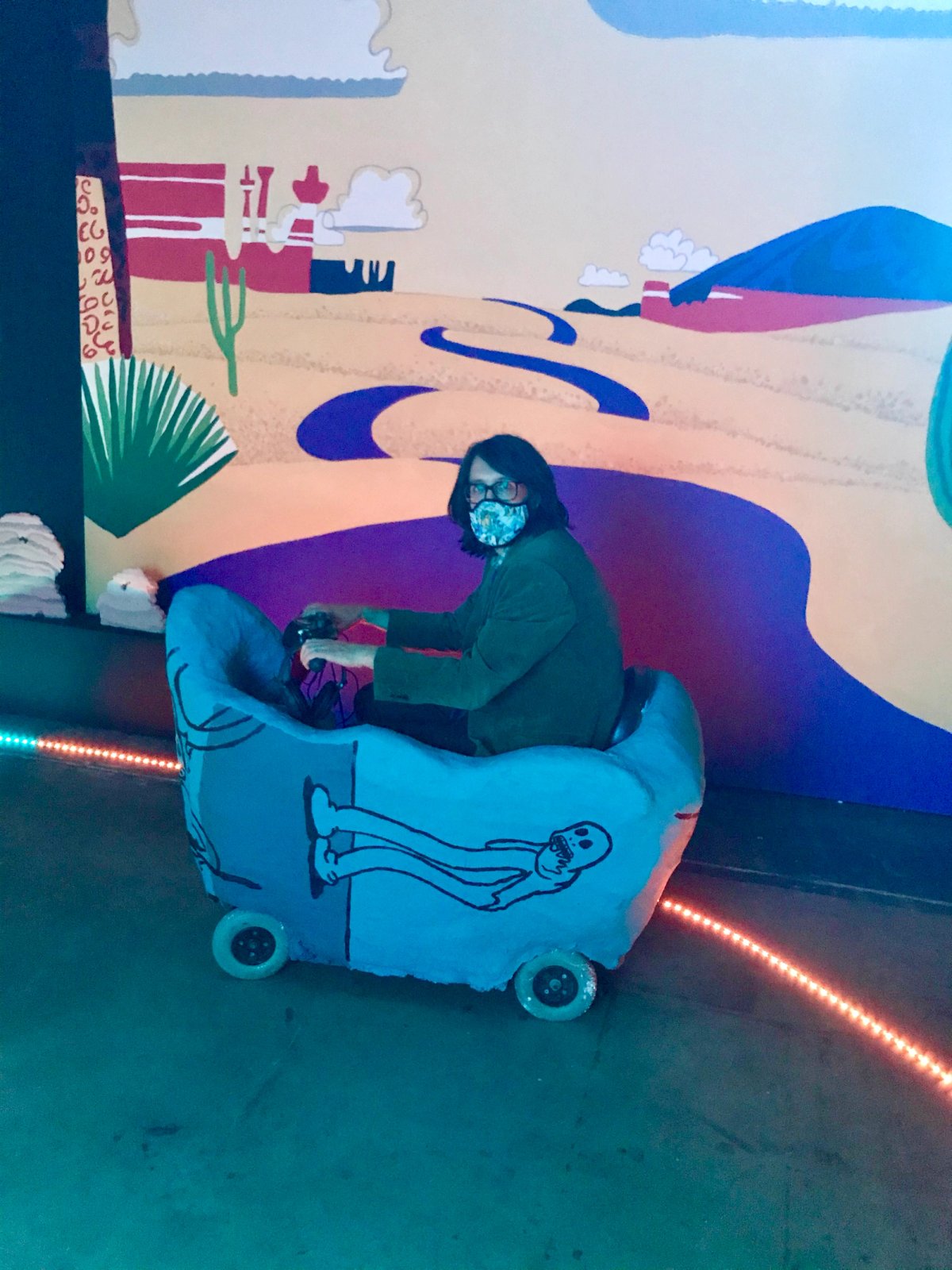 Andy Holden inside a mobile cart at The Structure of Feeling (A Ghost Train Ride), showing at Block 336 Gallery, Brixton