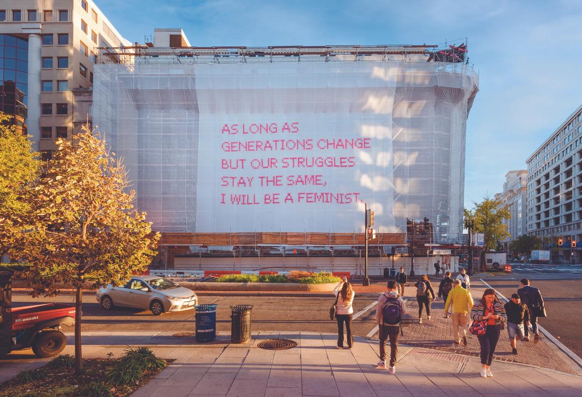 Katharina Cibulka’s SOLANGE #27 (2022) hangs on the exterior of the National Museum of Women in the Arts during its renovation © National Museum of Women in the Arts