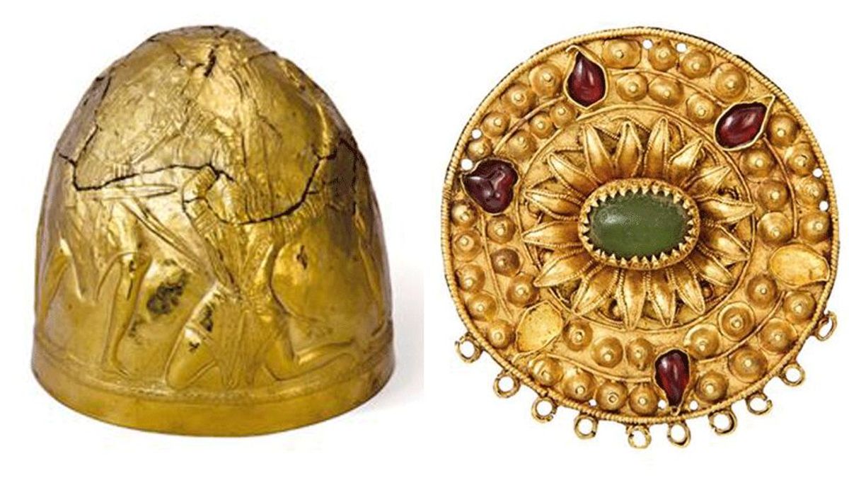The collection included a gold Scythian ceremonial helmet (left) dating back to the 4th Century BC. Courtesy of the Allard Pierson Museum