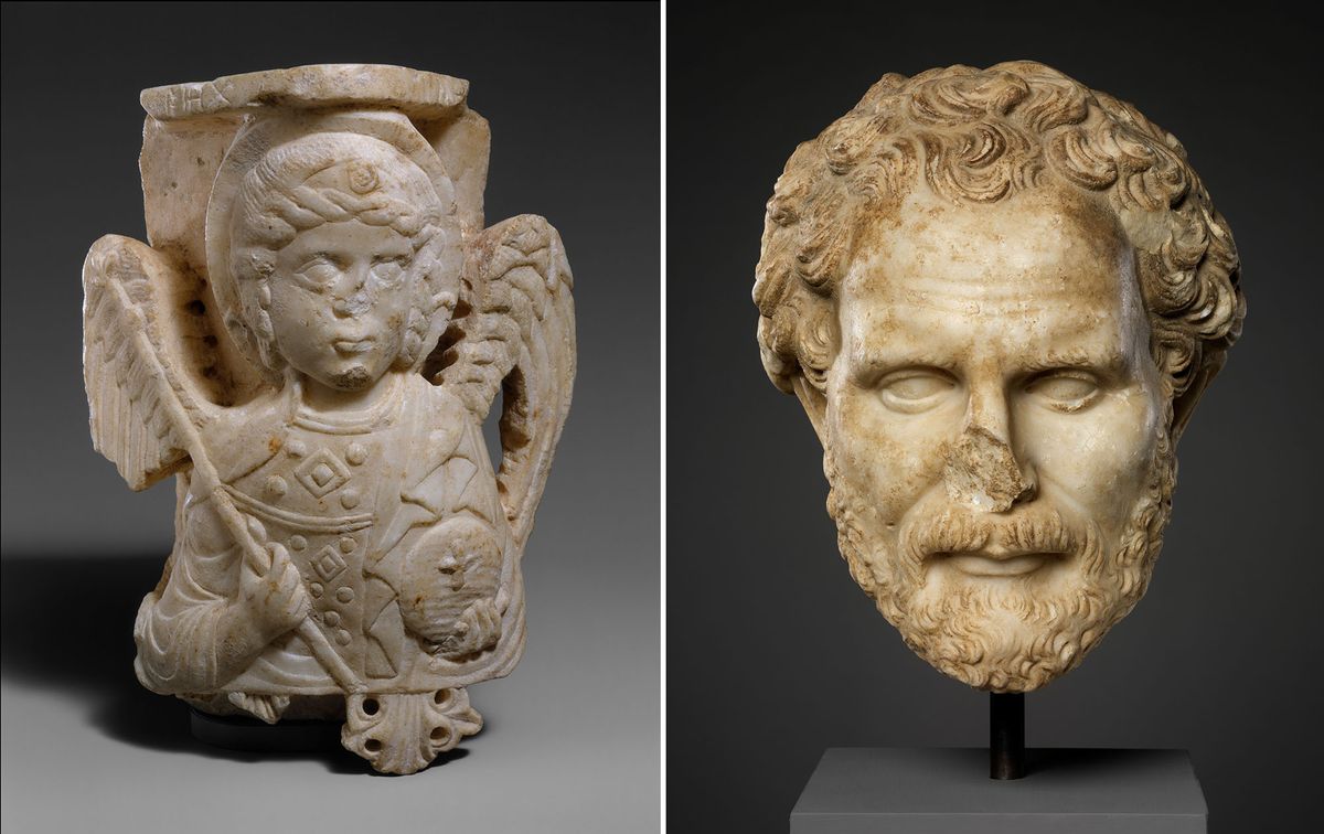 Two antiquities recently repatriated to Turkey by the Metropolitan Museum of Art: a Byzantine capital with bust of the Archangel Michael (1250-1300, left) and a Roman head of Demosthenes (2nd century AD, right) Courtesy the Metropolitan Museum of Art, New York