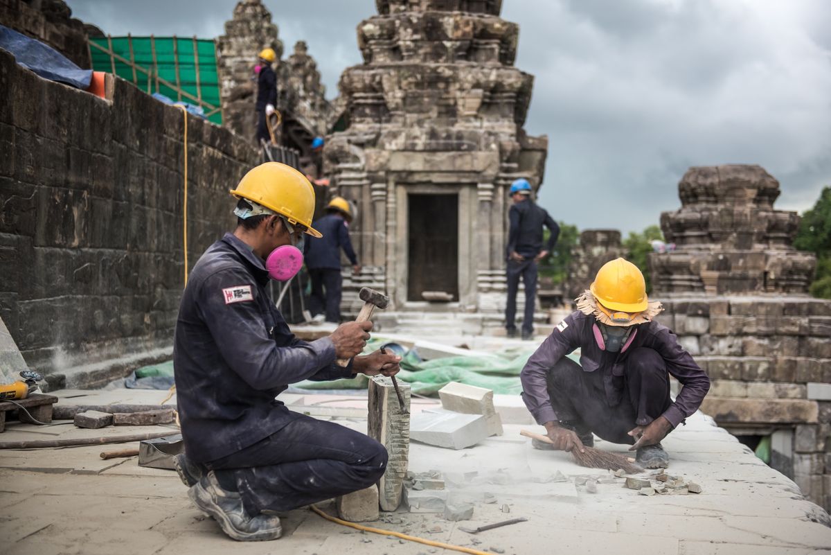 World Monuments Fund workers stabilised Phnom Bakheng, the state temple of the first Khmer capital at Angkor in Cambodia in 2019 Photo courtesy World Monuments Fund