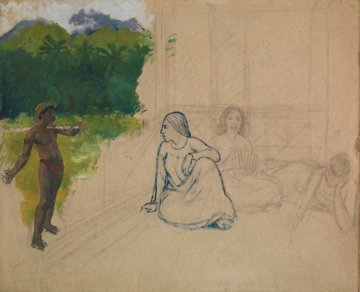 The Tate’s supposed Gauguin, Tahitians (which the gallery dates at around 1891) depicts a young man painted in oils, a woman in blue crayon and two further women sketched in charcoal. Courtesy of Tate