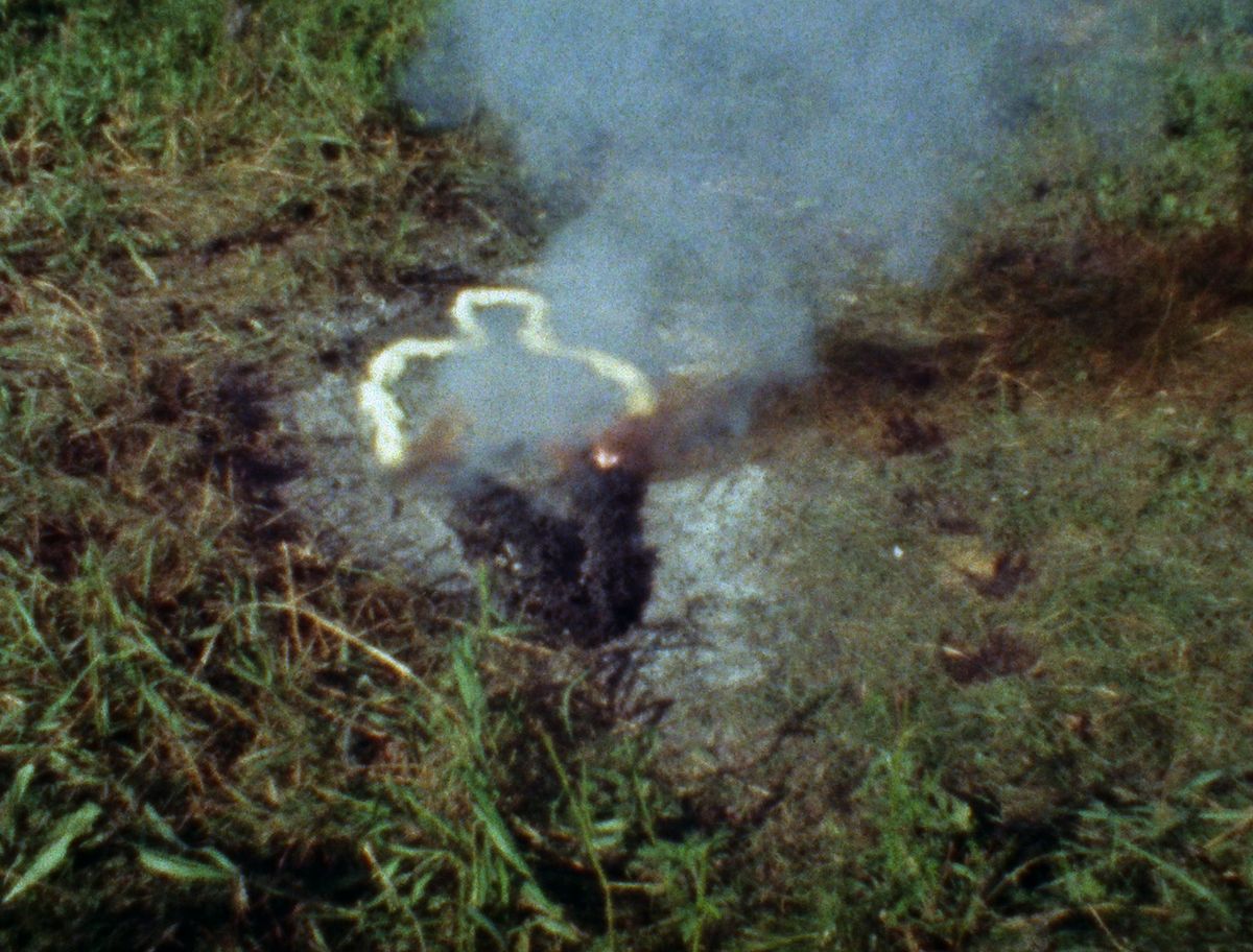 A still from the Super-9 film Untitled (Silueta Series) (1978), part of a series Ana Mendieta created in the 1970s that subsumed abstracted female forms into natural settings
© The Estate of ana Mendieta Collection, Licensed by Artists Rights Society, New York; Courtesy of Alison Jacques, London