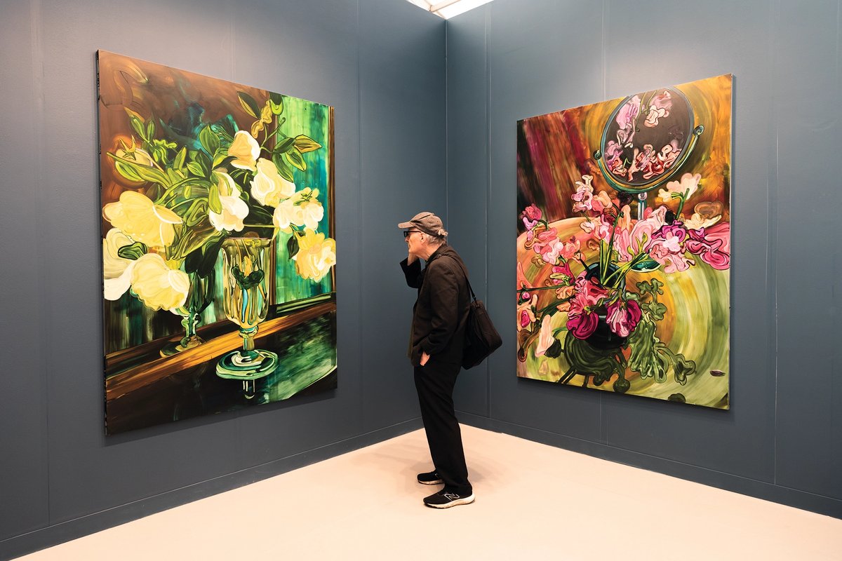 Paintings by Clare Woods, including The Peace (left) and Fading Effect (right), sold early on the opening day at Victoria Miro David Owens