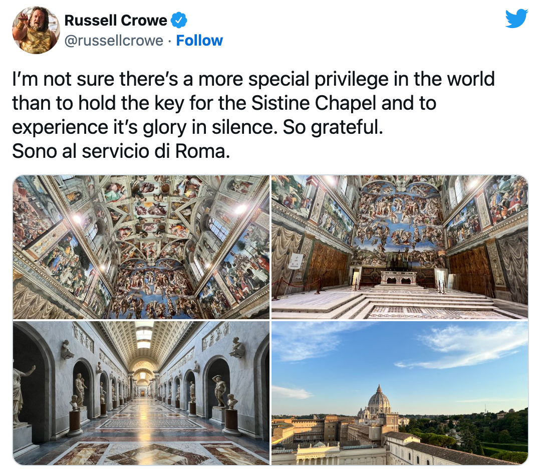 Russell Crowe’s private tour of the Sistine Chapel mystifies Michelangelo fans