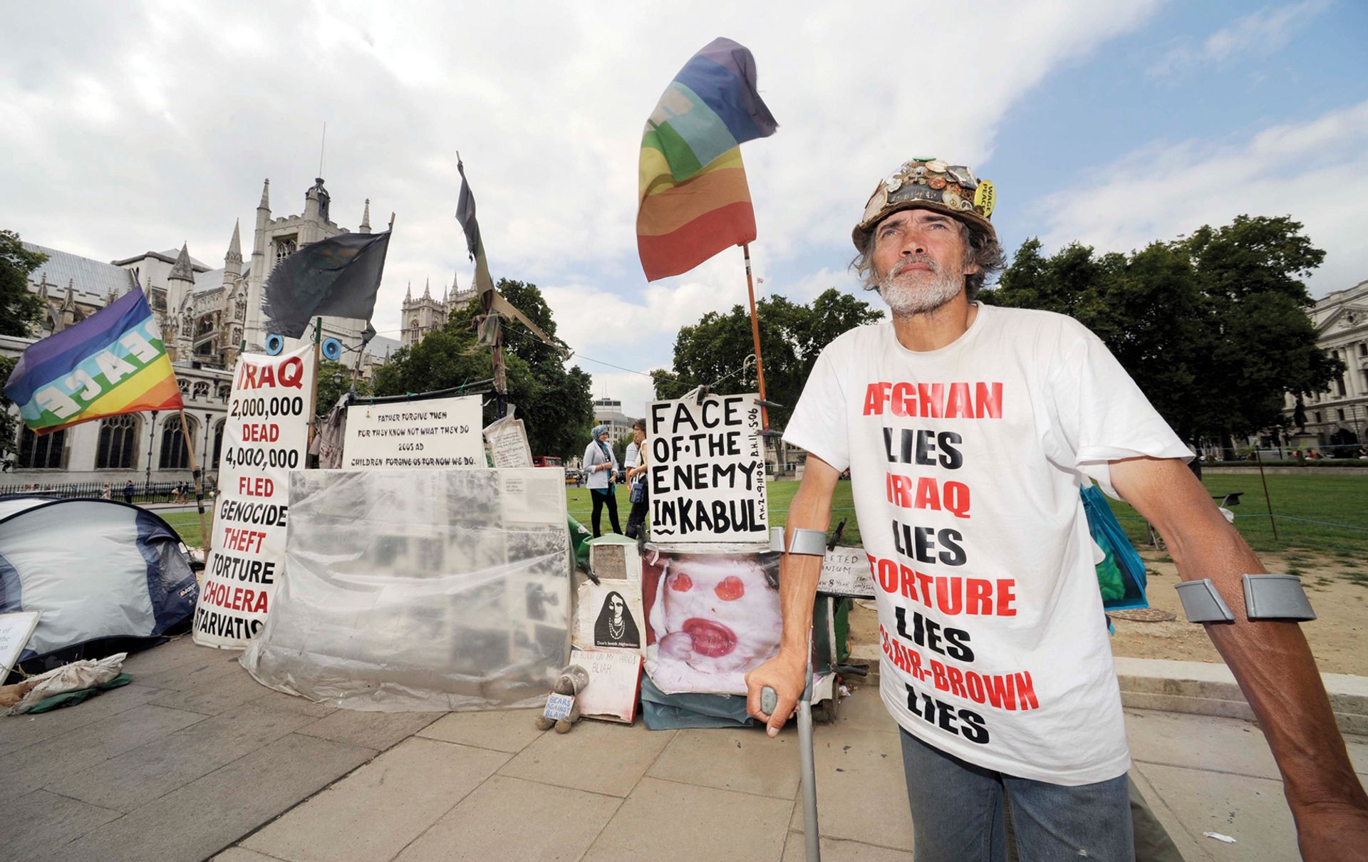 The late peace activist Brian Haw lived for almost ten years at his protest camp in Parliament Square; it was removed after a new law was introduced in 2005 © David Ashdown/Getty Images
