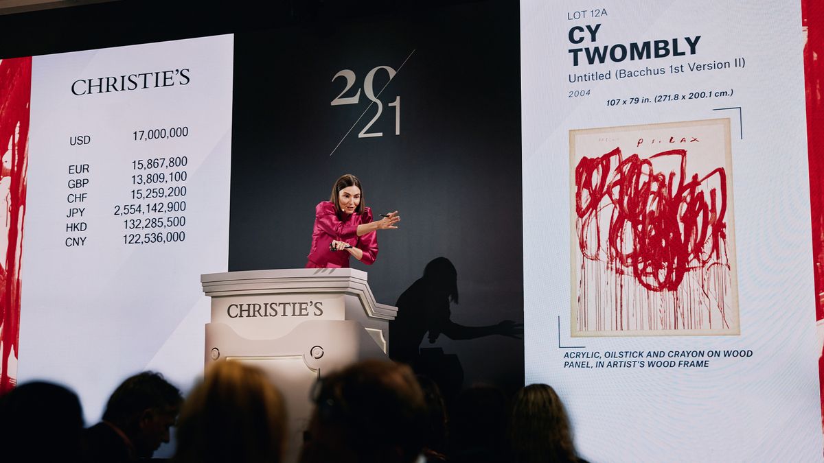 Christie's auctioneer Georgina Hamilton sells Cy Twombly’s Untitled (Bacchus 1st Version II) (2004) at Christie's 21st century evening sale on 7 November. Courtesy Christie's
