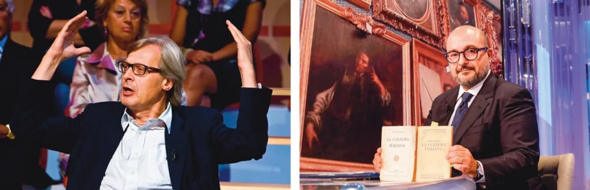 Vittorio Sgarbi, above left, an art critic now part of the Italian culture ministry, is pushing for free entry to museums; culture minister Gennaro Sangiuliano, above right, disagrees
SFM Press Reporter/Alamy Stock Photo; © ANSA via ZUMA Press