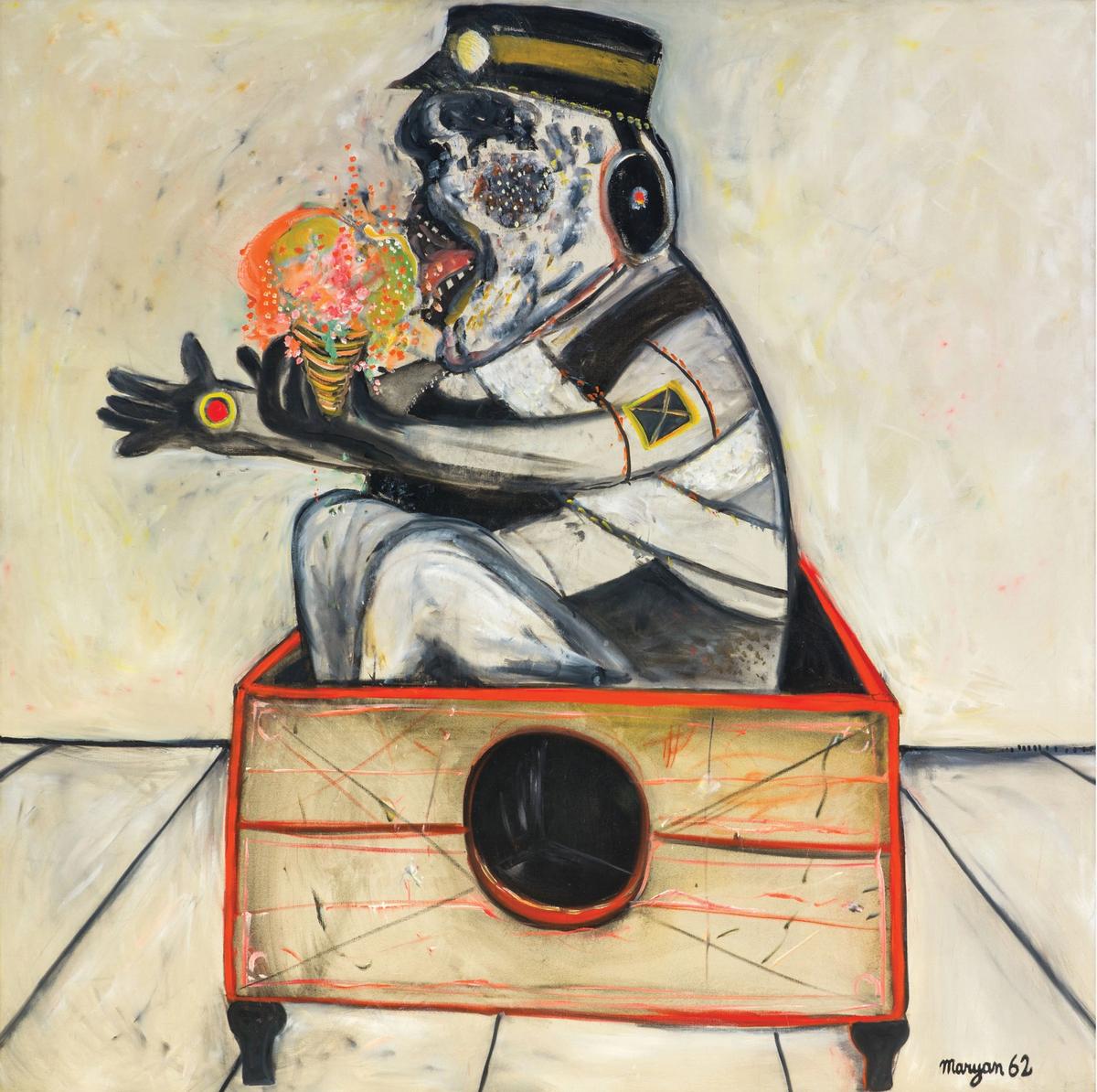 Maryan, Personnage in a Box, 1962 (private collection). The only member of his immediate family to survive the Holocaust, Maryan explored the horror of his experiences through his art Courtesy of Venus over Manhattan, New York. Photo: Elad Sarig