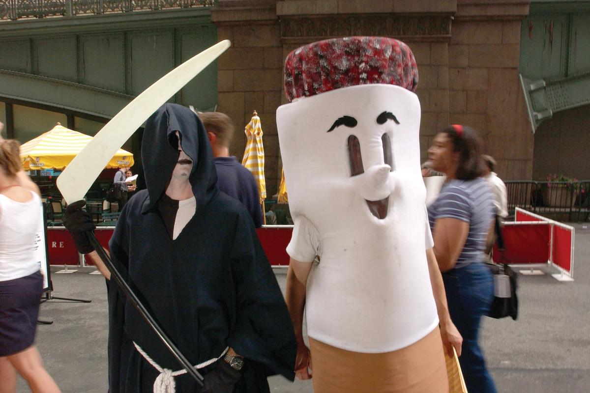 Grim message: protestors outside Philip Morris’s headquarters in New York in 2001 Photo: Spencer Platt/Getty Images