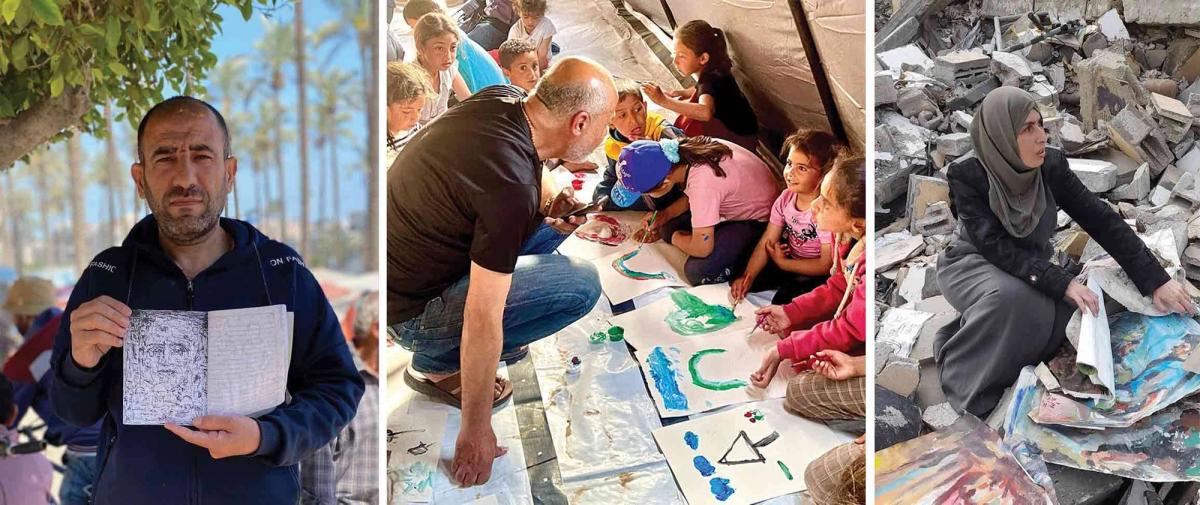 From left to right: Sohail Salem, displaced to Deir al-Balah, with his sketches; Basel El Maqosui, photographer, teacher and co-founder of Shababeek cultural space, who now works with refugee children in Rafah; Ruqaia Alulu, who recovered just 33 of her 800 paintings from the rubble of her apartment in Bureij