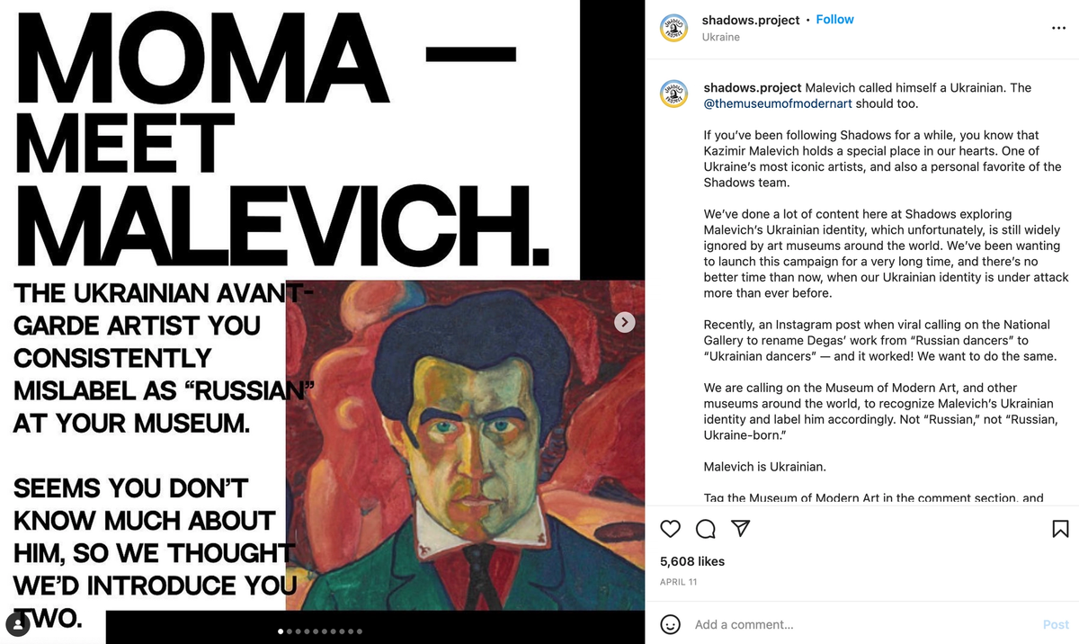 The Shadow Project wants the Museum of Modern Art to publicly acknowledge that the famous avant-garde artist Kazimir Malevich was Ukrainian, not Russian Courtesy of The Shadows Project