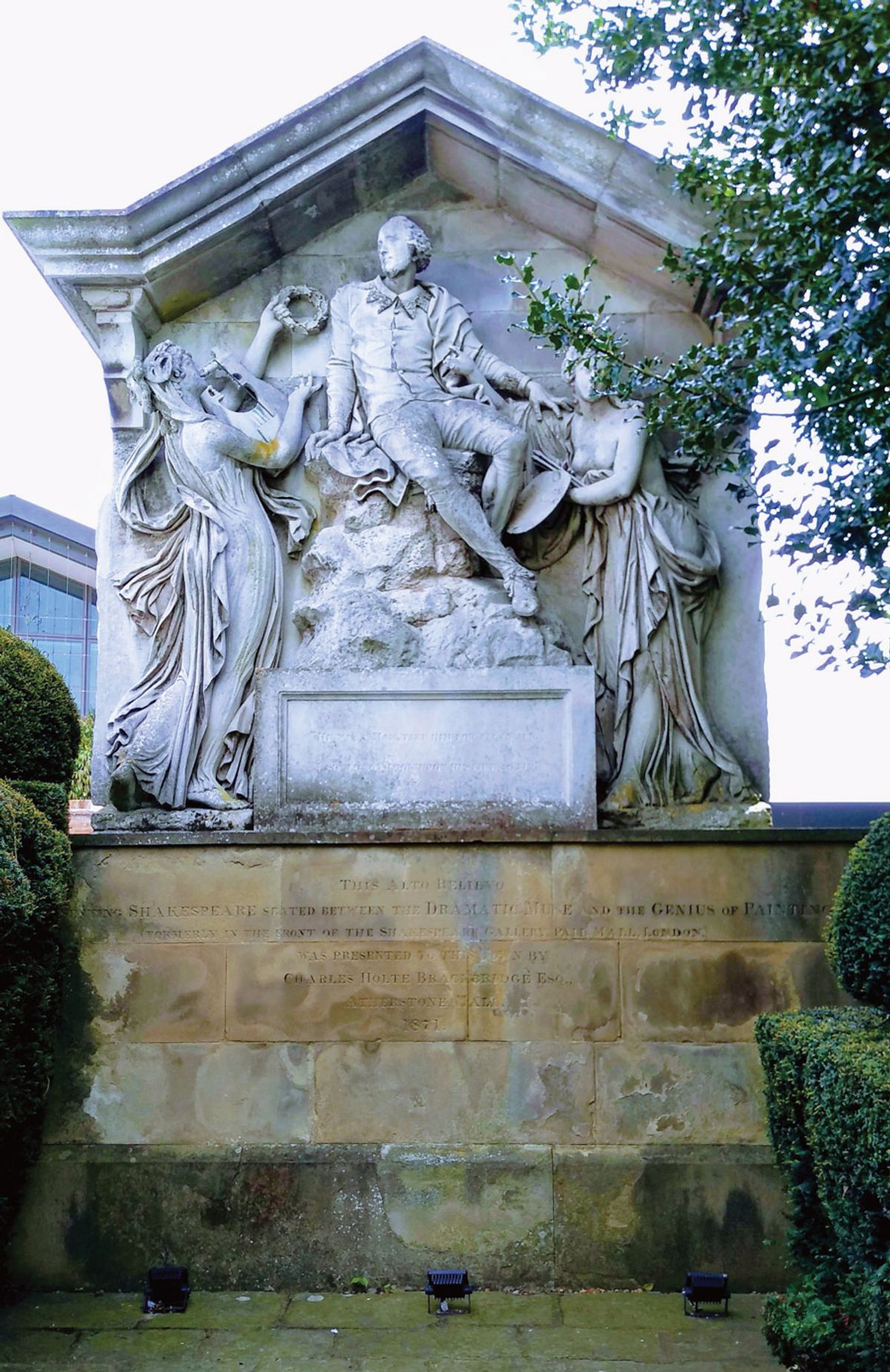 Thomas Banks’s 18th-century monument, which shows Shakespeare flanked by the Dramatic Muse and the Genius of Painting, was originally created for the Shakespeare Gallery in London, which housed works by artists including Angelica Kauffman and Joshua Reynolds Courtesy of the Shakespeare Birthplace Trust