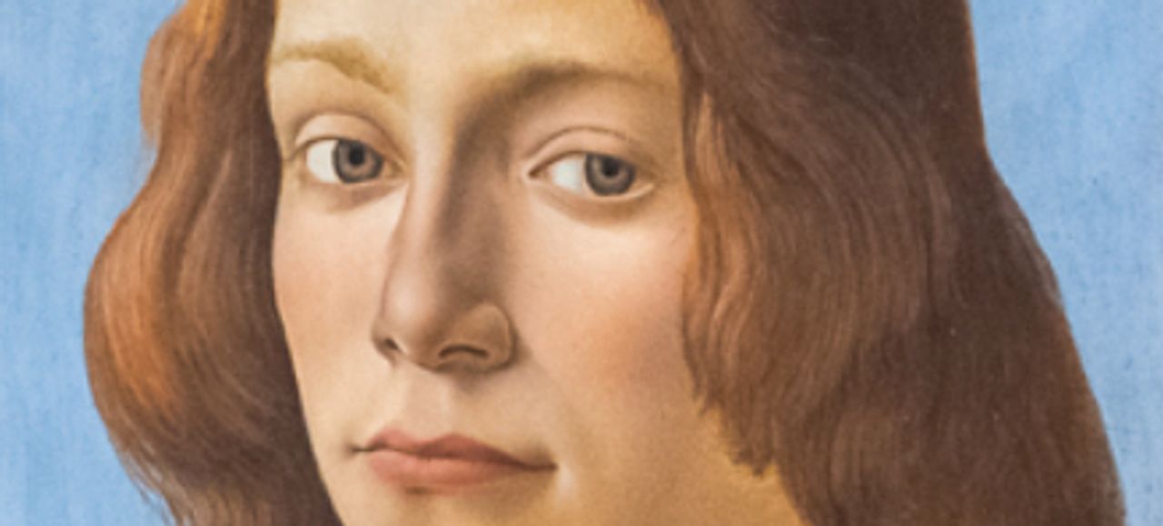 关闭拿着圆路（大约1480）的一个年轻人的桑德罗botticelli的画象，设置为打破老大师画家的纪录照片：朱利安卡迪摄影由苏富比的礼貌