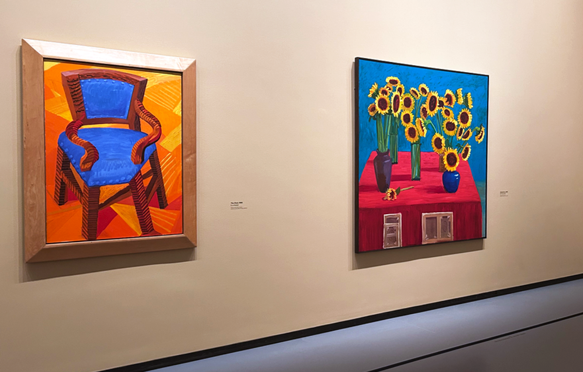 Installation photograph of David Hockney 25 at the Fondation Louis Vuitton, Paris with The Chair (1985) and 30 Sunflowers (1996)
Private collections (photograph The Art Newspaper)