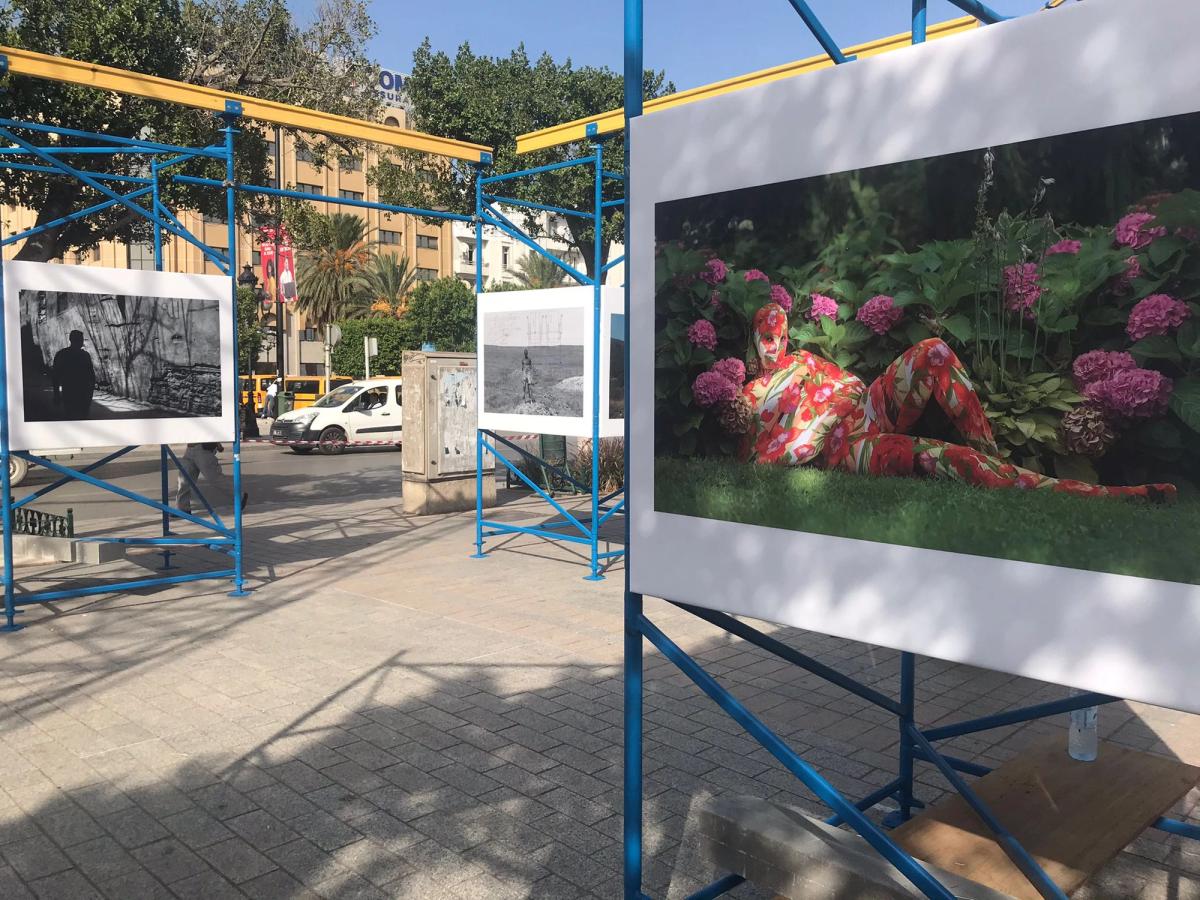 Installation view of Our Time, Even In Dreams picturing artworks lining Avenue Habib Bourguiba in Tunis. Photo: KLF