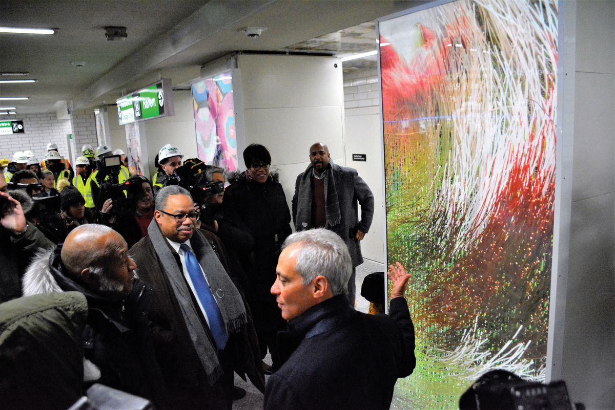 The artist Nick Cave, CTA President Dorval Carter, Jr, and Mayor Rahm Emanuel, admire the new works in Garfield Park station