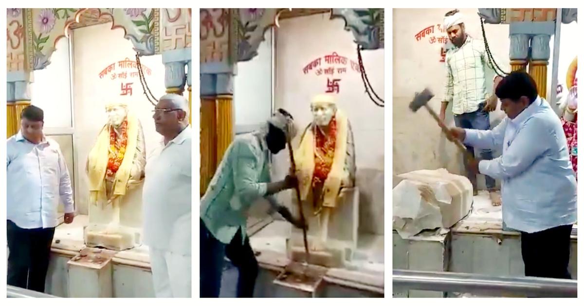 Screenshot of a video showing an idol of Sai Baba being demolished in a temple in Delhi on 25 March © Twitter / @NigarNawab