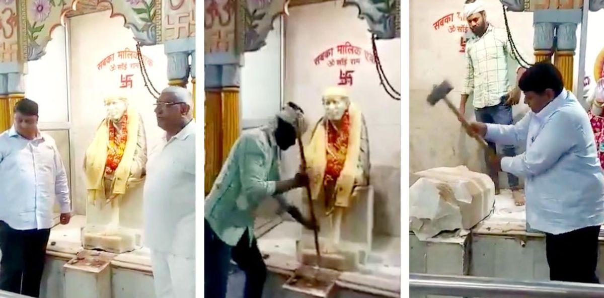 Screenshot of a video showing an idol of Sai Baba being demolished in a temple in Delhi on 25 March © Twitter / @NigarNawab