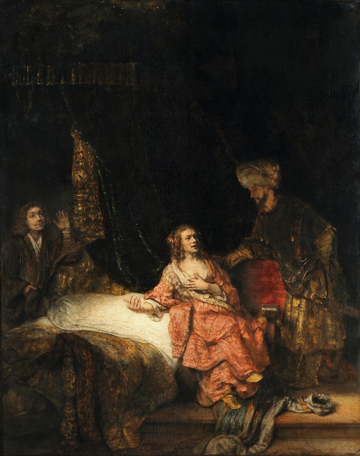 Potiphar’s Wife Accuses Joseph (1655) is one of Rembrandt's works that use theatrical elements—facial expressions, symbolic hand gestures and telling postures—to tell a story Staatliche Museen zu Berlin, Gemäldegalerie, Berlin