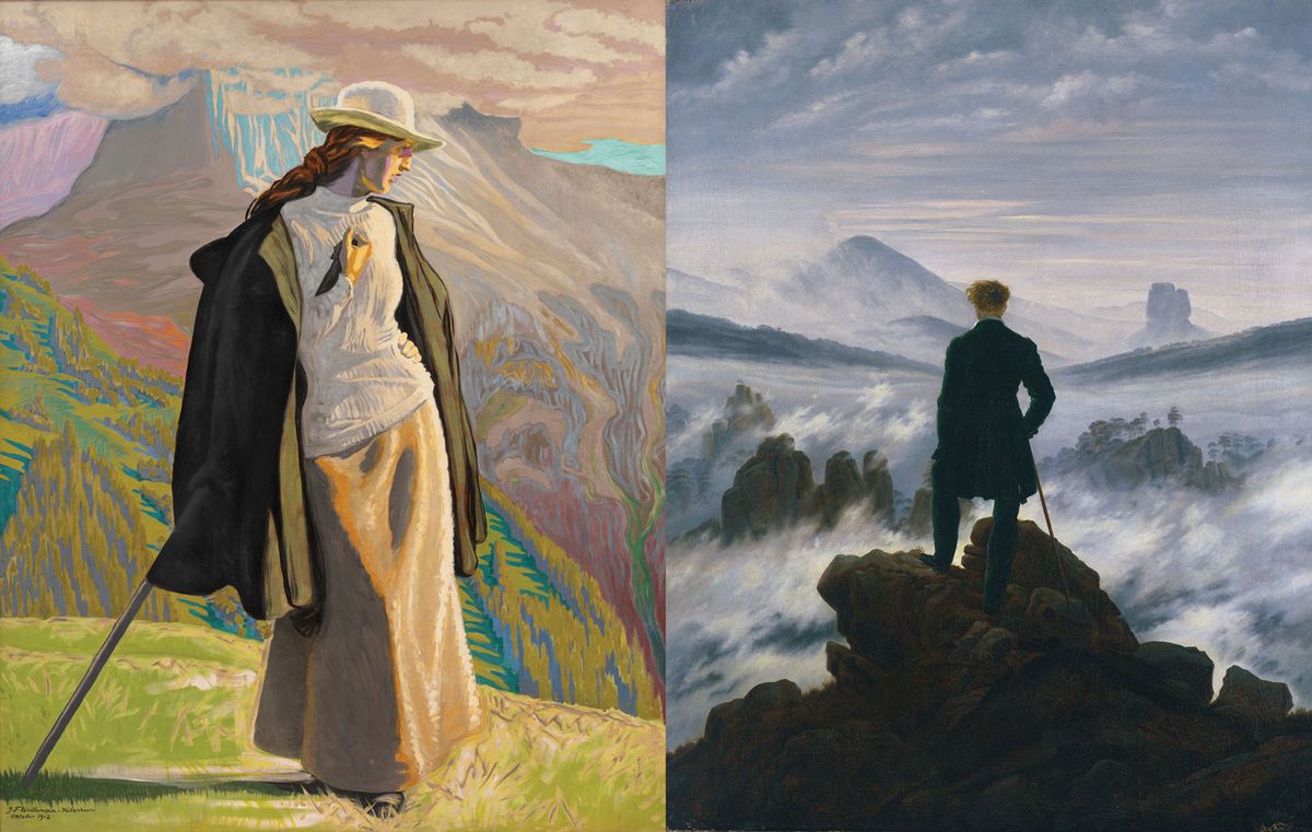 Willumsen’s A Mountain Climber (1912, left) and Friedrich’s Wanderer above the Sea of Fog (around 1817, right) Willumsen: Statens Museum for Kunst, Copenhagen; Friedrich: SHK/Hamburger Kunsthalle/bpk/Elke Walford