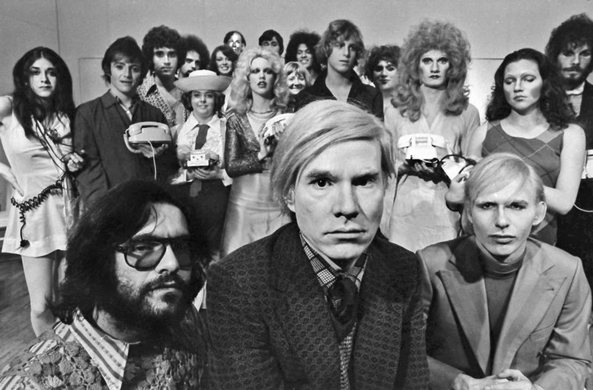 Andy Warhol with the cast of his play “Pork” at La Mama, May 1971 Courtesy Jack Mitchell Archives