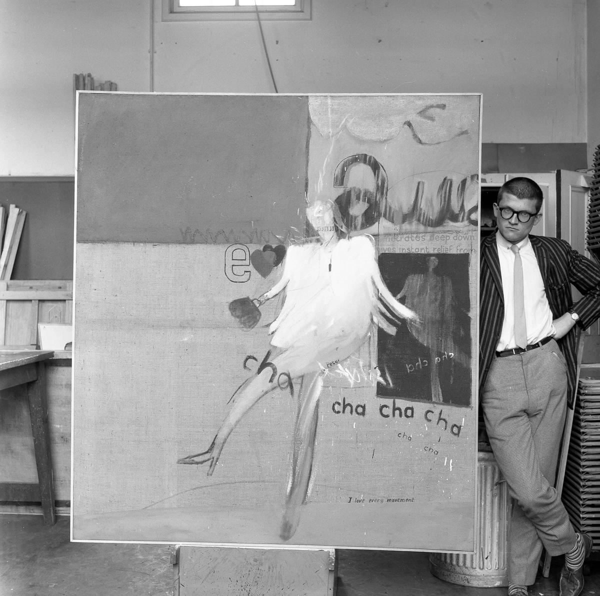 David Hockney with The Cha Cha that was Danced in the Early Hours of 24th March 1961 at the Royal College of Art (around 1961)
Photo: Geoffrey Reeve. All rights reserved 2025 / Bridgeman Images