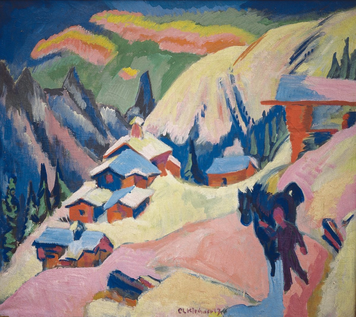 Kirchner’s Stafelalp im Schnee (1917) depicts in vibrant colour the Alpine panorama and the mountain hut, the Rüeschhütte, where he lived with a nurse during his first summer in Davos Courtesy of Kirchner Museum Davos