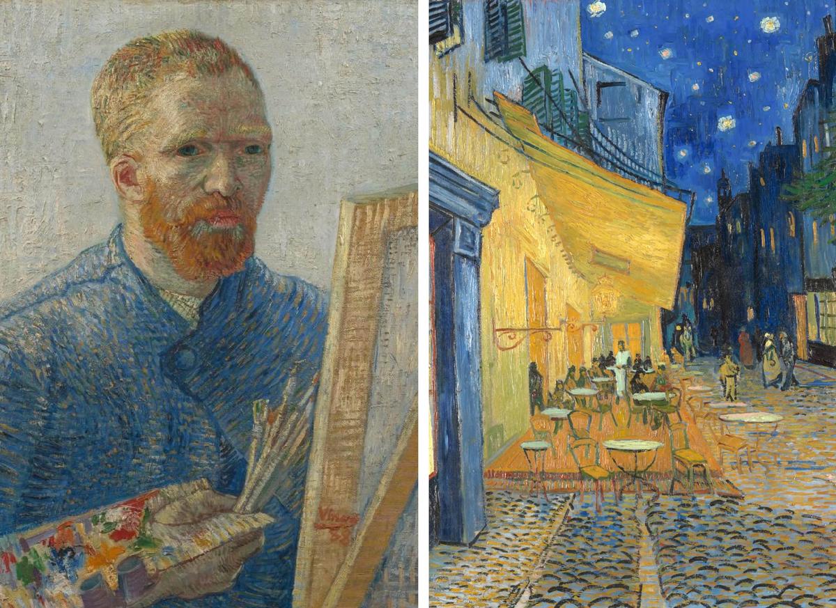 Left: Van Gogh’s Self-portrait as a Painter (December 1887-February 1888) Van Gogh Museum, Amsterdam (Vincent van Gogh Foundation)
Right: Van Gogh’s Terrace of a Café at Night (Place du Forum) (September 1888) Kröller-Müller Museum, Otterlo (photograph Rik Klein Gotink)