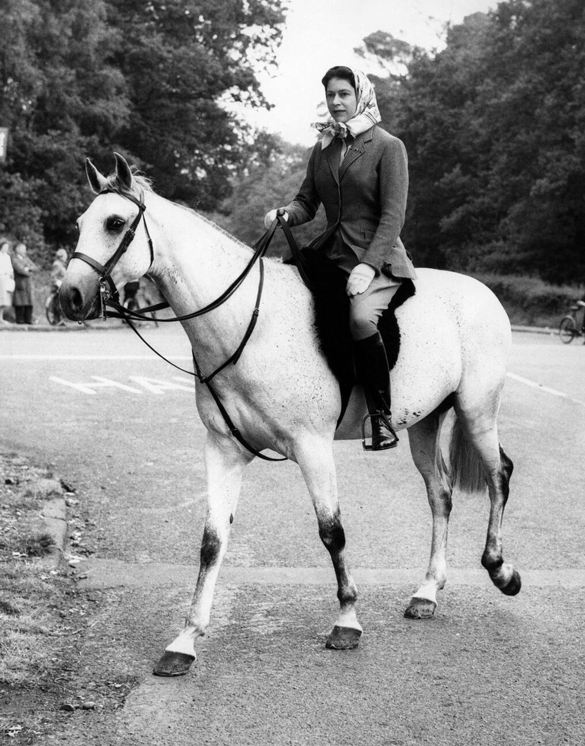The Queen in her natural habitat and attire: hacking jacket, jodhpurs and Hermès scarf, one of the few non-British brands that she has regularly chosen, the company's equestrian roots chiming with her passion for horses Interfoto / Alamy Stock Photo