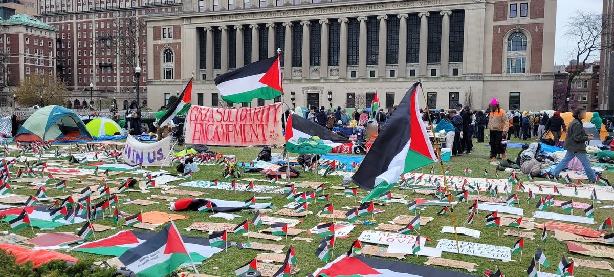 The pro-Palestine encampment on Columbia University's campus, 21 April Photo by عباد ديرانية, via Wikimedia Commons