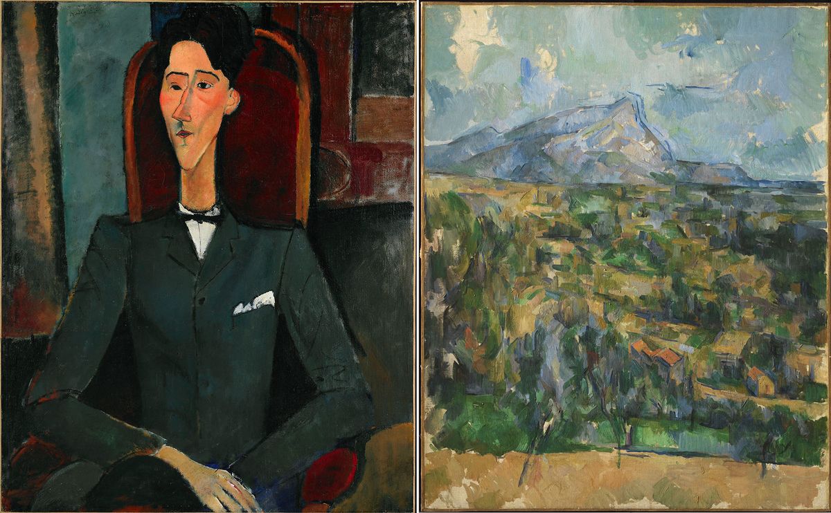 Left: Amedeo Modigliani, Jean Cocteau, 1916. Right: Paul Cézanne, Mont Sainte-Victoire, around 1904-06 Modigliani: Promised gift from the Henry and Rose Pearlman Foundation to the Brooklyn Museum, photo by Bruce White. Cézanne: Promised gift from the Henry and Rose Pearlman Foundation to the Museum of Modern Art, photo by Bruce White