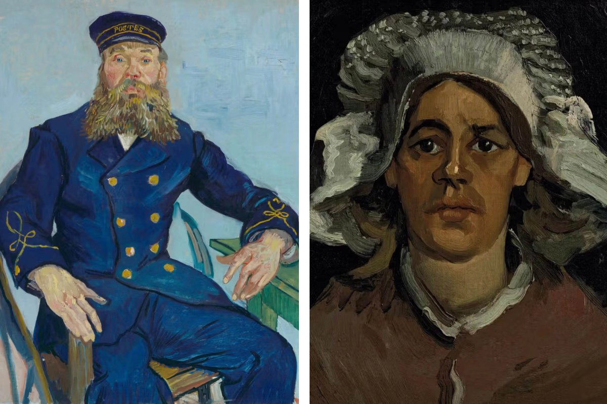 Van Gogh’s Postman Joseph Roulin (July-August 1888) and Van Gogh’s Head of a Woman (Gordina de Groot) (March-April 1885)
Museum of Fine Arts, Boston (gift of Robert Treat Paine 2nd). Noordbrabants Museum, s’Hertogenbosch (photograph Peter Cox)