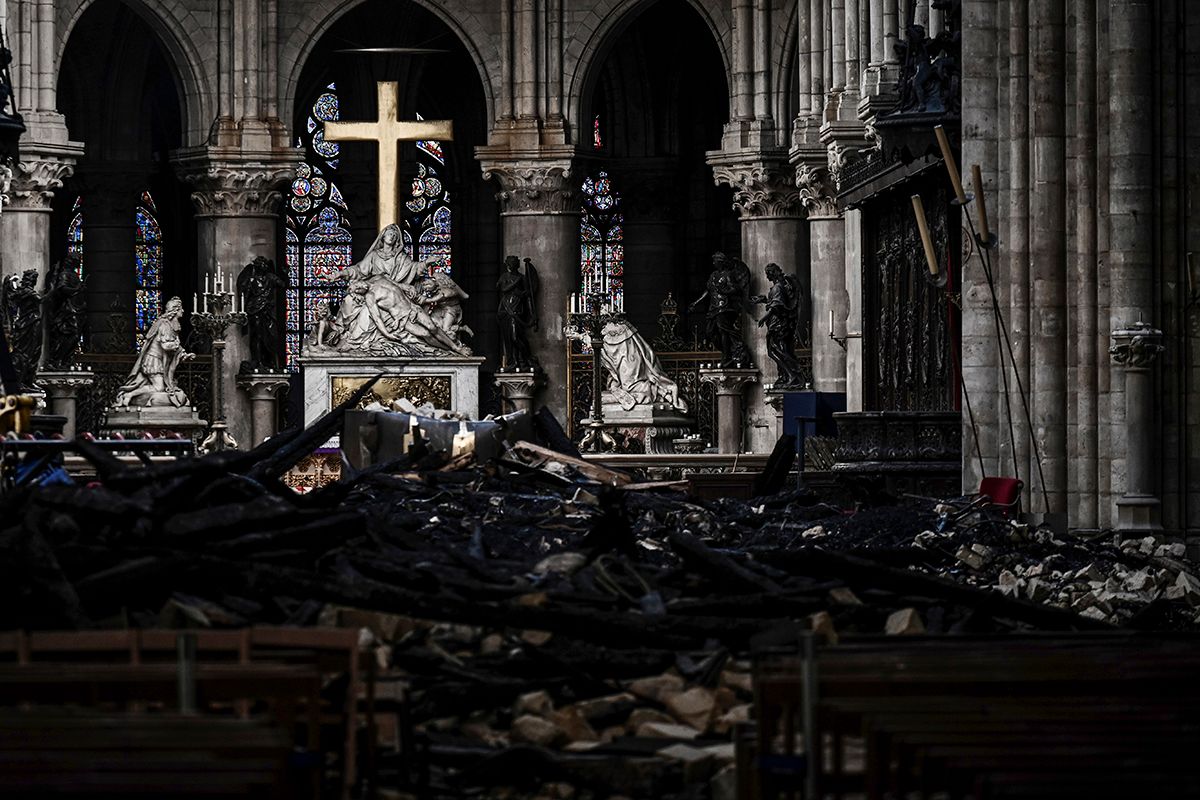 Rubble inside Notre Dame one month after the fire Photo: Philippe Lopez/Pool via AP