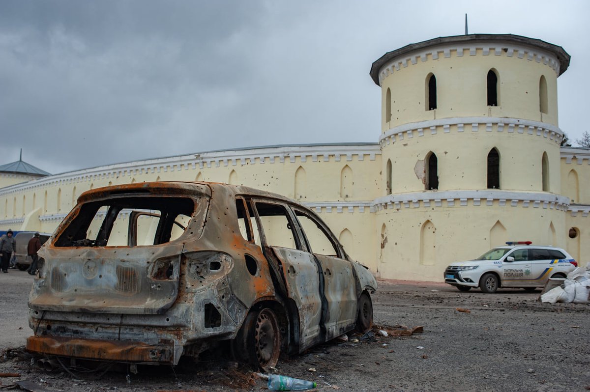 The external walls of the Round Yard—part of the Koenig estate in Trostianets, northeastern Ukraine, where the Russian composer Pyotr Tchaikovsky once stayed—are damaged from artillery fire. Photo: Øleg Demianenko