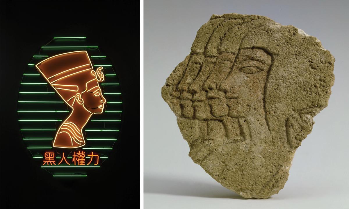 The exhibition Visions of Ancient Egypt displays contemporary works alongside ancient artefacts to show the ways in which the image of Egypt's history has been constructed over time. Left: Awol Erizku's Nefertiti (Black Power) (2018); right: Fragment of a sunk relief: heads of female attendants (around 1370 BC) Erizku: © The artist, courtesy Ben Brown Fine Arts; relief: Sainsbury Centre Collection