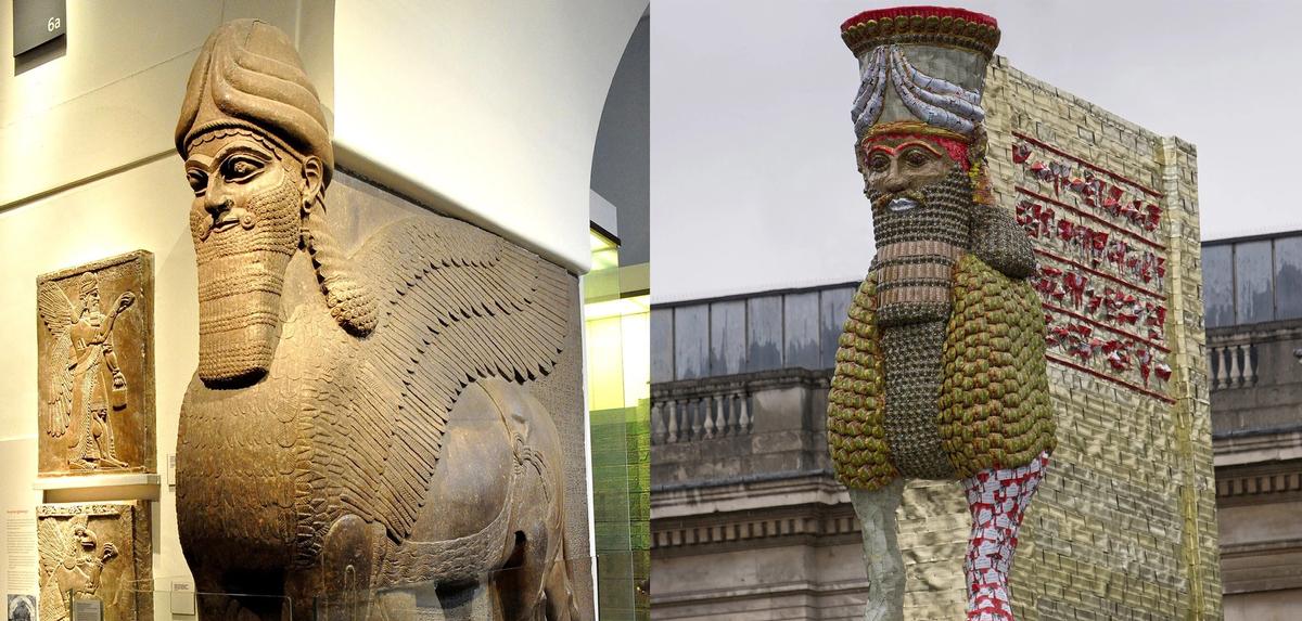 Left to right: Lamassus from the North-West Palace in the British Museum / Michael Rakowitz's The Invisible Enemy Should Not Exist (2018)
Photo: Dr. Osama Shukir Muhammed Amin / Garry Knight