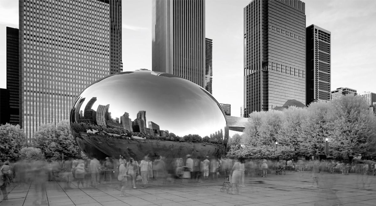 Still from the NRA's promotional video The Violence of Lies, featuring Anish Kapoor's Chicago "Bean" sculpture NRA
