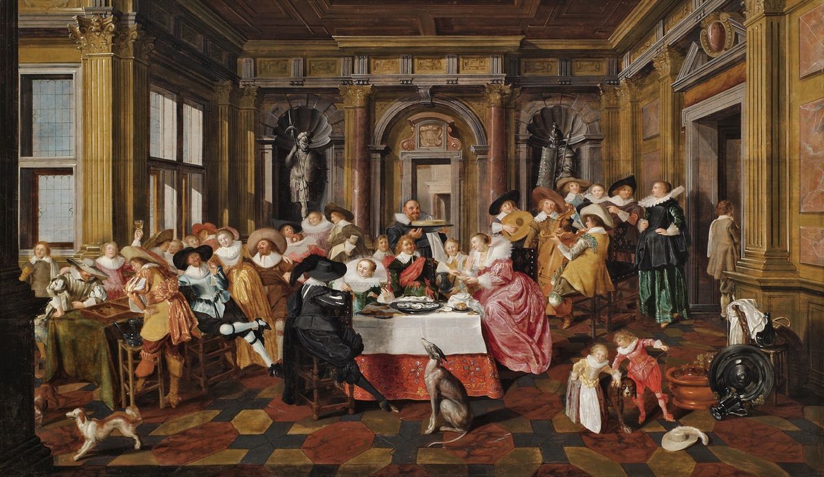 Dirck Francoisz Hals and Dirck van Delen, Banquet Scene with Musicians and Shuffle Board Players in an Interior (1628) 
