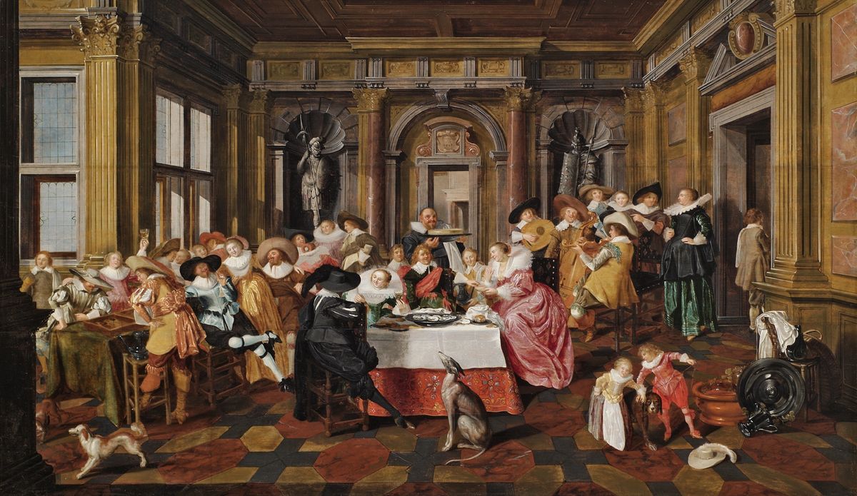 Dirck Francoisz Hals and Dirck van Delen, Banquet Scene with Musicians and Shuffle Board Players in an Interior (1628)