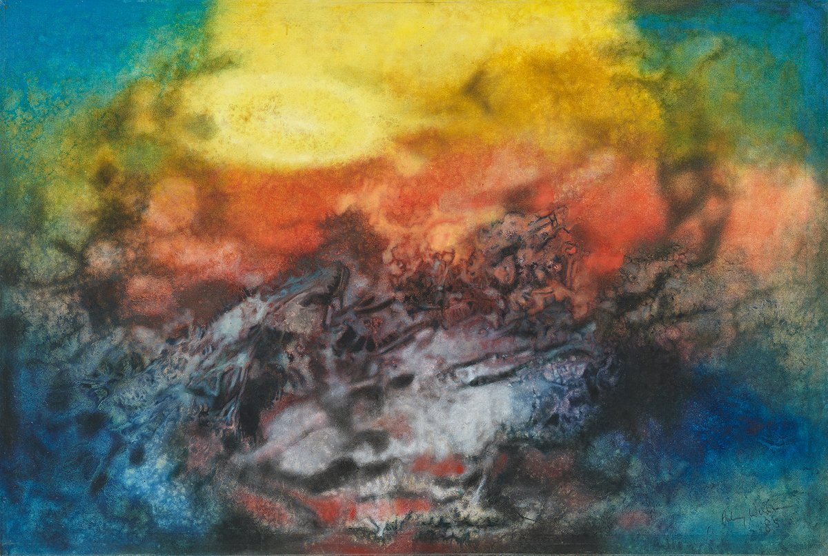 Time and the Elements (1985) by Aubrey Williams is a striking example of the artist’s abstract, futuristic painting Photo: © and courtesy Estate of Aubrey Williams; collection of James Gould