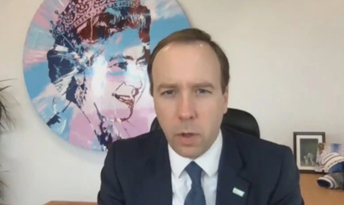 Matt Hancock gives his Covid-19 plan in front of Hirst's spin painting