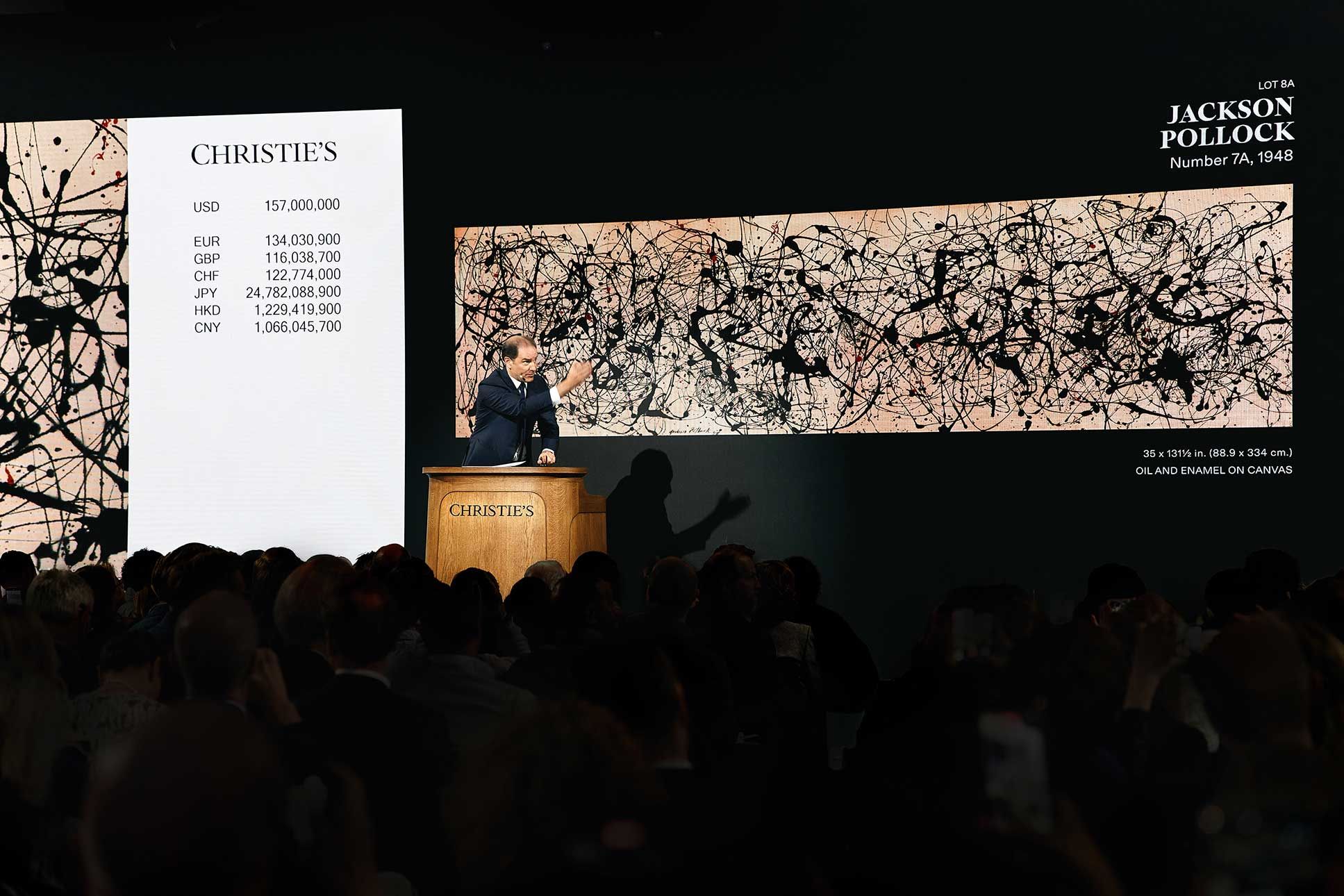 Christie’s auctioneer Adrien Meyer sells Jackson Pollock’s Number 7A for $181.2m at the New York sale of S.I. Newhouse’s collection Photo: Christie's Images Ltd 
