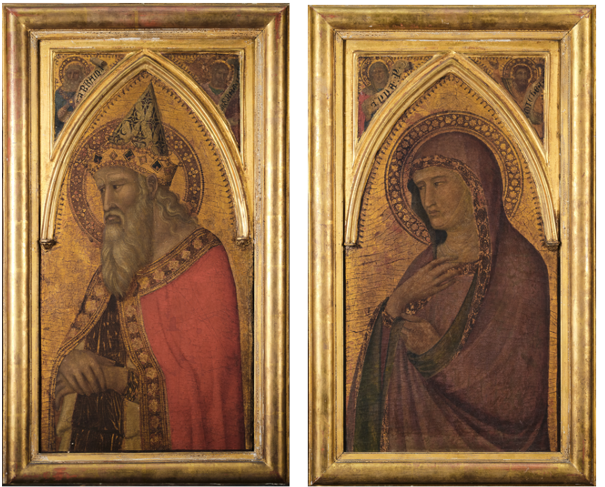 Pietro Lorenzetti's depiction of Pope Sylvester I (left) and Saint Helena (right)
