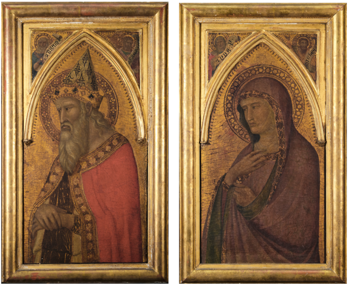 Pietro Lorenzetti's depiction of Pope Sylvester I (left) and Saint Helena (right)