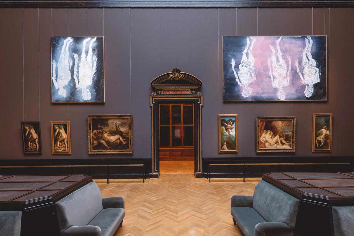 Baselitz wallpaper: the exhibition includes, to the right of the doorway, the “bold gesture“ of Baselitz’s Without Shirt and House (2018) hanging above Correggio’s The Rape of Ganymede and Jupiter and Io (both around 1530) and Titian’s Danaë (after 1554) Photo: © KHM Museumsverband; Baselitz: © the Artist