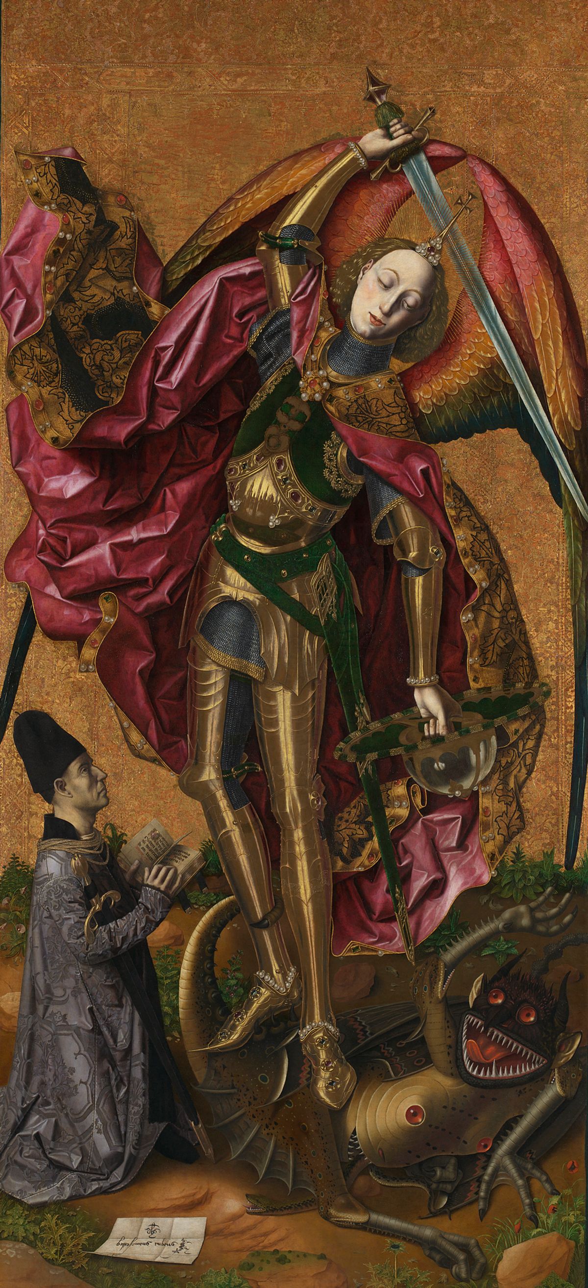 Bartolomé Bermejo, Saint Michael triumphant over the Devil with the Donor Antoni Joan, 1468 The National Gallery